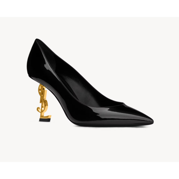 Saint Laurent Opyum 85 Black Patent Leather Gold YSL Logo Pointed Heel Pump 36 - Picture 6 of 16